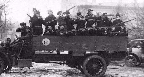 Armed Red Guards on a truck in Petrograd, October 1917.