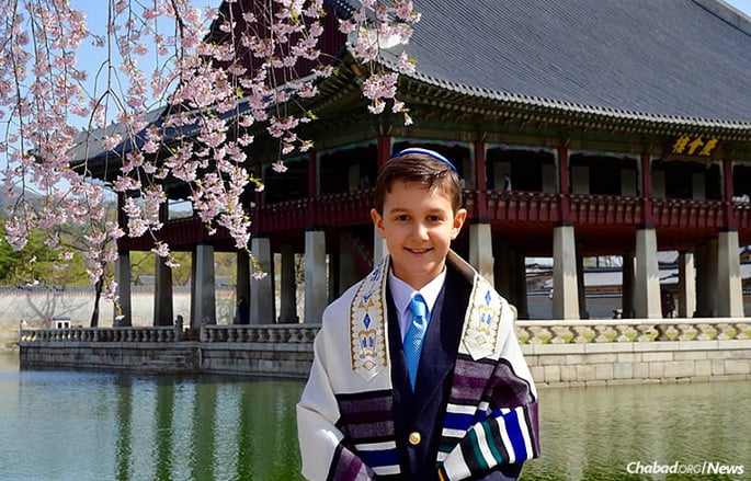 Logan Botvin, who lives in Songdo, South Korea, celebrated his bar mitzvah on May 21 with family and friends, after months of studying Hebrew with a rabbi who made weekly trips from Seoul, an hour away. (Maitri Shah Photography)