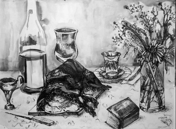 Artwork displaying a Shabbat meal, by Sharone Goodman
