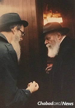 Block, left, with the Lubavitcher Rebbe, Rabbi Menachem M. Schneerson, of righteous memory