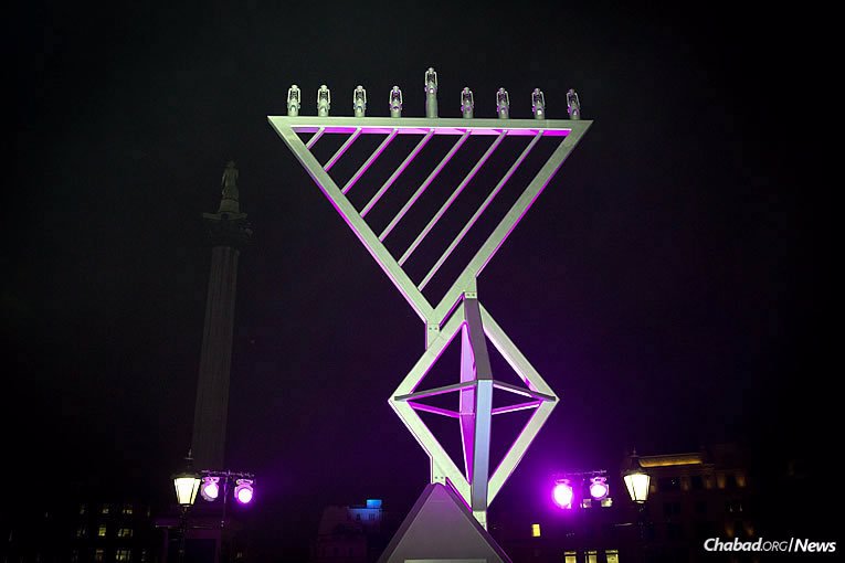 This is the 10th year that the giant menorah has stood at Trafalgar Square, organized by Chabad, the Jewish Leadership Council and the London Jewish Forum, and supported by the Mayor&#39;s Office of London. Here it is on Tuesday, Dec. 12, the first night of the eight-day holiday of Chanukah. (Photo: Mayor&#39;s Press Office of London)