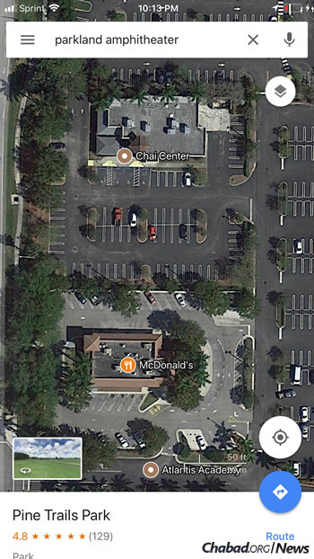 The aerial view shows the locations of the Chai Center Chabad and the restaurant.