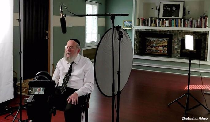 Rabbi Yehuda Refson, Chabad emissary to the city of Leeds, England, at the filming of a course titled “Soul Talk,”