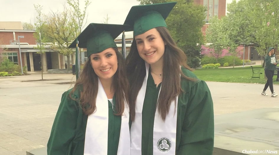 Mariah Stein, left, and Sammi Plotsker prepare for their alternative graduation ceremony at Binghamton University.