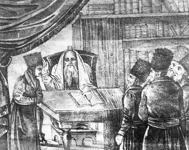 Drawing of the Maggid of Kozhnitz with his students from the early 19th century (National Library of Israel, Schwadron Collection).