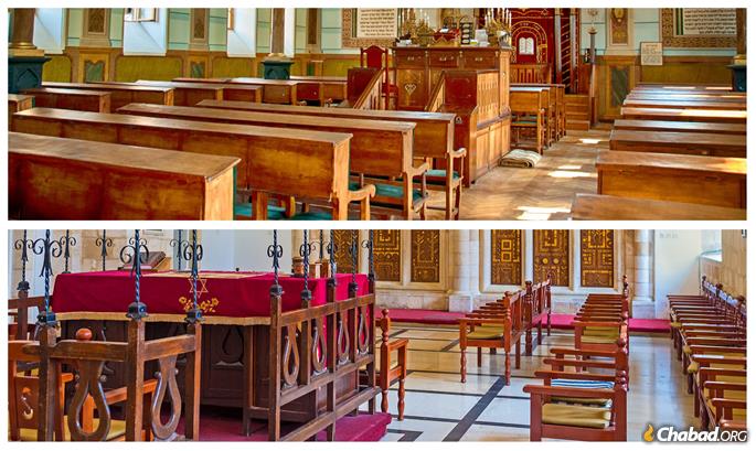 Top: An Ashkenazi synagogue with the seating facing east. Below: A Sephardi synagogue with the seating facing the center.