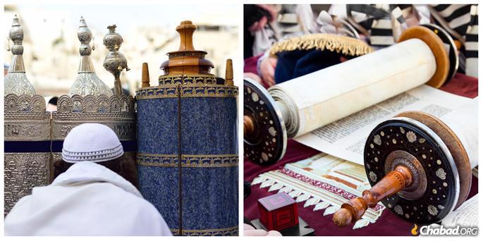 Left: Sephardi Torahs. Right: An Ashkenazi Torah