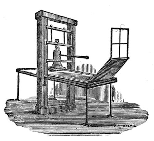 Early Press, etching from Early Typography by William Skeen