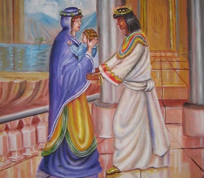 Batya entrega o bebê Moshê a Yocheved para ser amamentado.