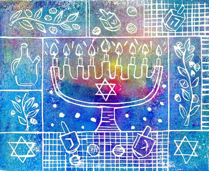 A white pencil drawn design on a colourful painted background. The white design shows a chanukah menorah, dreidels, magen davids, tree branches, and an oil jug.