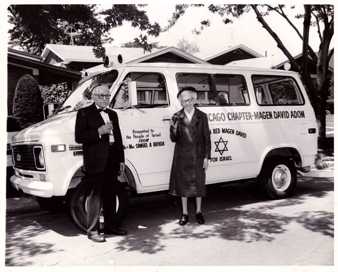 The author&#39;s grandparents, Mr. and Mrs. Broida, in front of an ambulance they donated to Israel (c. mid-60&#39;s).