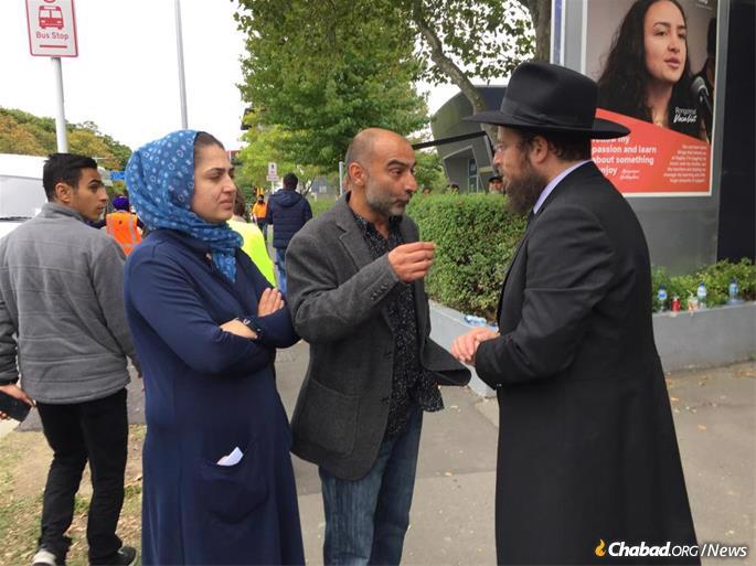 Rabbi Mendy Goldstein, co-director of Chabad of New Zealand, flew down from the North Island on Sunday to comfort and console grieving families and the community.