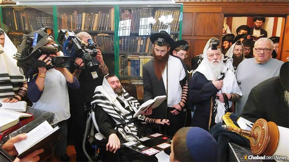 Rabbi Yitzi Hurwitz at his son's bar mitzvah in the Rebbe's study in the Crown Heights neighborhood of Brooklyn, N.Y.