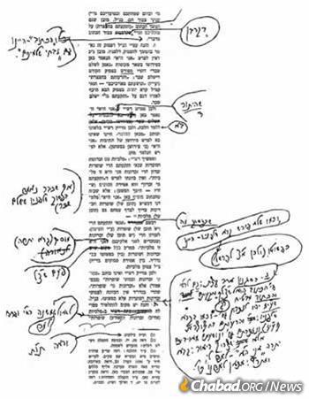 Once a team of scholars constructed an essay, the Rebbe would spend hours editing their work before sending it back for a second round. Seen here is a page of the Rebbe&#39;s edits on the sicha of Parshat Baahalotecha 1974, including the addition of an entire section (se&#39;if) in his own handwriting. This talk appears in Likutei Sichot, volume 13, page 26. (Photo: Rabbi Leibel Schapiro via A Chassidishe Derher magazine)