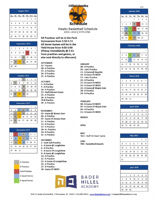 Hawks Schedule 201920 Bader Hillel Academy