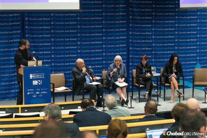 A judicial panel at the Aleph Institute&#39;s Rewriting the Sentence summit in June 2019. The panel, titled “Judicial Practices: Creative Approaches to Sentencing,” featured, seated from left: Judge Fredric Block, U.S. District Judge, Eastern District of New York; Judge Virginia Phillips, chief U.S. District Judge, Central District of California; Judge Brooke Wells, U.S. Magistrate Judge, District of Utah; and Judge Esther Salas, U.S. District Judge, District of New Jersey. It was moderated by Rabbi Yossi Bryski, director of Aleph&#39;s alternative sentencing division. (Photo: Meir Pliskin/Aleph Institute)