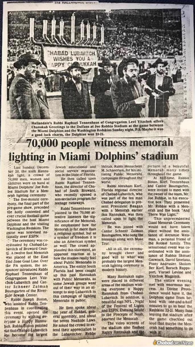 A local newspaper covered the menorah-lighting at the Miami Dolphins game.