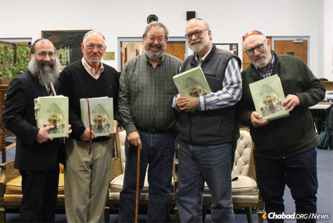 L. to R. Rabbi Chaim Kosofsky, James Smith, Alan Lerman, Rudy Vogel and Guillermo Muhlmann. For six years, the steady core of four students have studied the book every week. They have plans to celebrate a grand siyum—and then immediately start again.