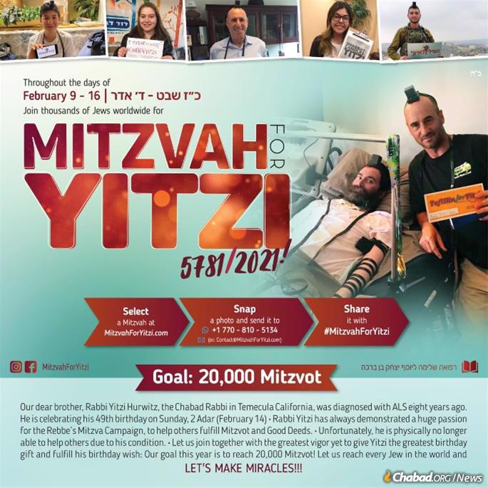 Following a tradition that began as a surprise for Rabbi Yitzi Hurwitz's 46th birthday, every year many thousands of people perform mitzvahs and then submit photos of themselves holding placards emblazoned with the #mitzvahforyitzi hashtag.