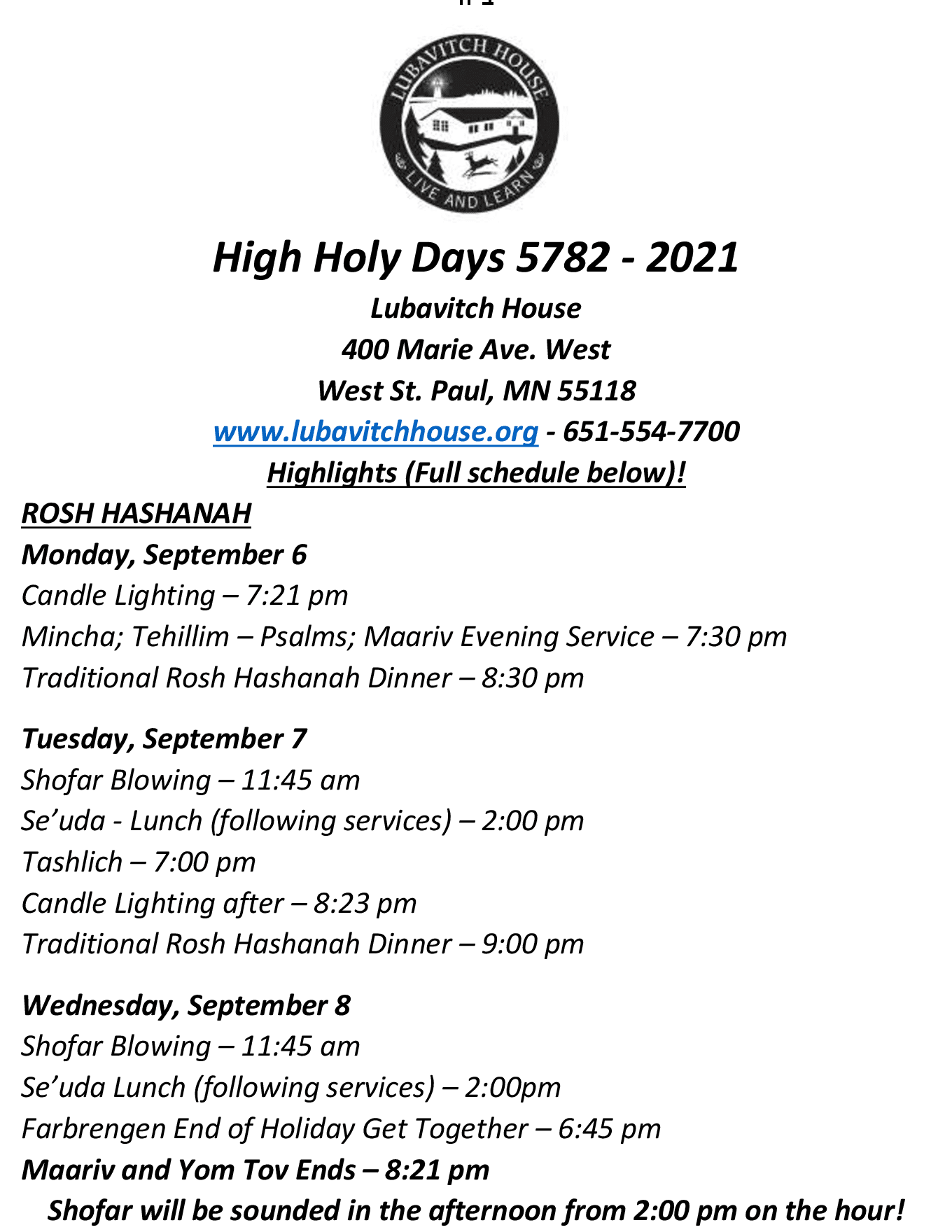 High Holiday Schedule