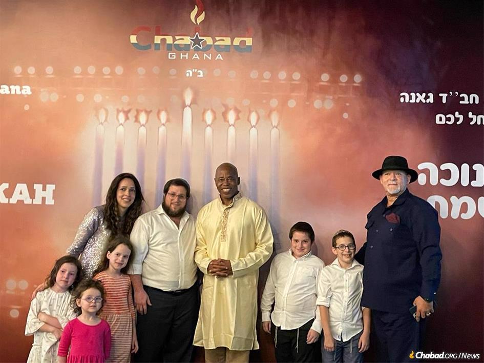 In Accra, the capital of Ghana, Rabbi Yisroel Noach and Alti Majesky and family were joined by New York City's Mayor elect Eric Adams and local supporters at a Chanukah celebration.