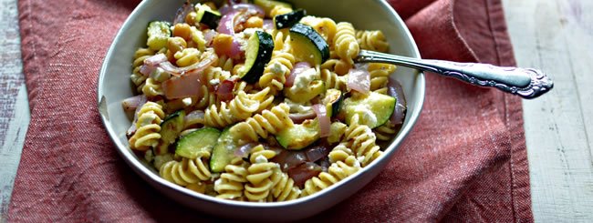 Dairy: Warm Pasta Salad with Zucchini, Feta, and Chickpeas