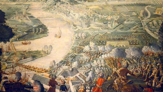 &quot;La Toma de Buda, 1686&quot; en el Deutsches Historisches Museum. Los invasores cristianos victoriosos destruyeron la comunidad jud&#237;a de Buda, junto con sus vecinos musulmanes.