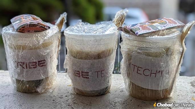 Containers of soup sent to Tech Tribe Community members before a recent Shabbat in Brooklyn.