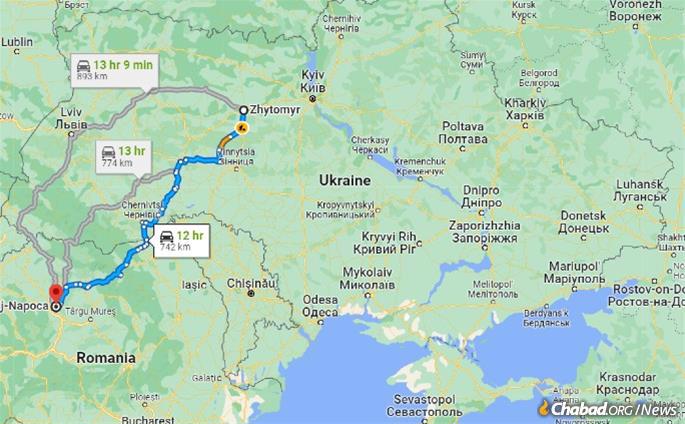 Fleeing war torn Ukraine took days instead of hours (Map: Google.maps)