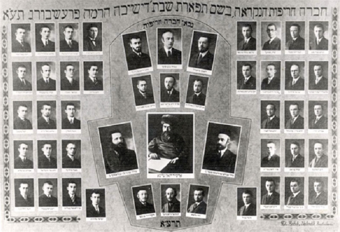Colagem de 1931 de alunos e professores da yeshiva de Pressburg, que fornecia rabinos &#224; Hungria, mas estava localizada no que hoje &#233; a Eslov&#225;quia (cr&#233;dito: Yad Vashem).