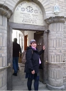 Elina, at the entrance to a synagogue in Uzbekistan.
