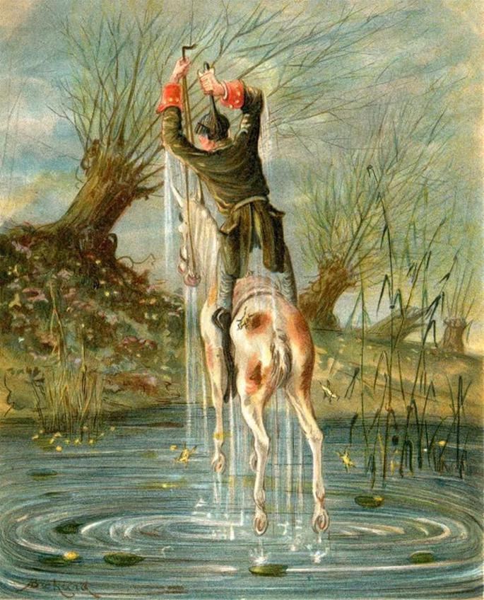  "Baron Munchausen's remarkable leap" oil on canvas by Alphonse Adolphe Bichard.