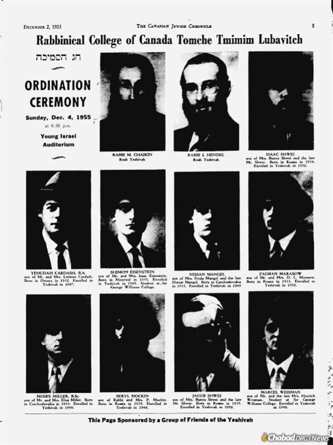 In 1955, the Chabad-run Rabbinical College of Canada in Montreal celebrated the first cohort of 10 rabbis, some of whom were native-born, while others were survivors of the Holocaust or of Stalin’s oppression.
