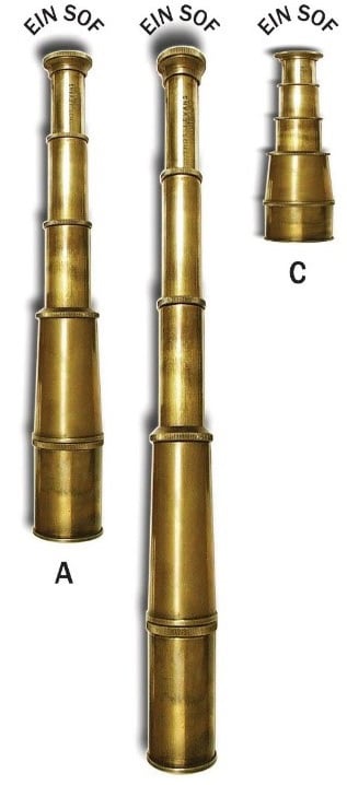 Figure 1. Ensheathment (Hitlabshut). Analogized by a set of extendable telescopes. A. Reference configuration of the Kabbalistic superstructure. Joints of the telescope symbolize degree of ‘overlap’ (enclothment) among Sefirot, Partzufim and Worlds. B. ‘Descent’ of Creation into Orech (increasing apparent disunity and ‘distance’ from Ein-Sof). C. ‘Ascent’ into Oivi (progressive revelation of wholeness and the indivisible Light of Ein-Sof). Modified from http://www.gilai.com/images/items/1498_big.jpg with permission.