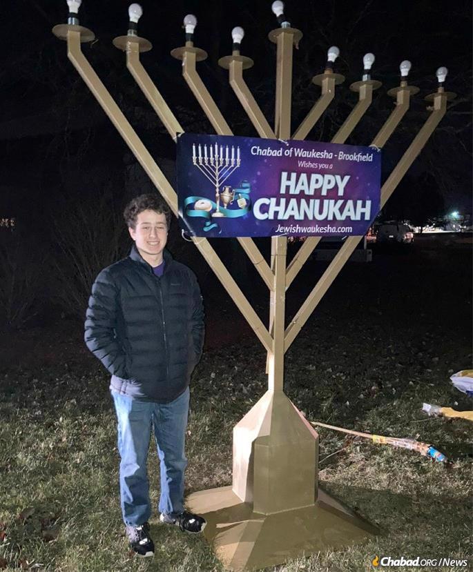 Seeing Chabad of Waukesha-Brookfield&#39;s menorah on the ground, Daniel put it back up. “It bothered him so much to see a menorah on the ground,” says Fraidy Brook.