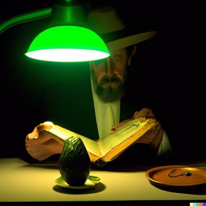 Image generated by Chabad.org text request to DALL-E 2: &quot;A rabbi opens a Jewish book and through it sees how dall e can help him understand the secret of creation. An avocado lamp burns on the desk. 1960s sci-fi style&quot; #dalle #dalle2