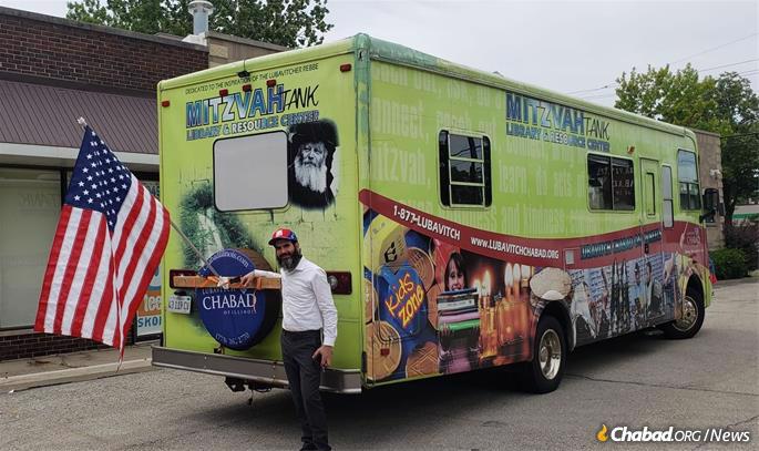 Even after the Skokie parade was called off, the Mitzvah Tank, festooned with a large American flag, will be traveling the streets of Skokie.