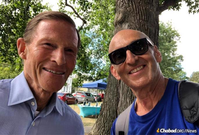 Sen. Richard Blumenthal, left, said he was pleased to attend the festival, saying, “I come every year. It is a time of joy, pride and inspiration for me as a Jew.”