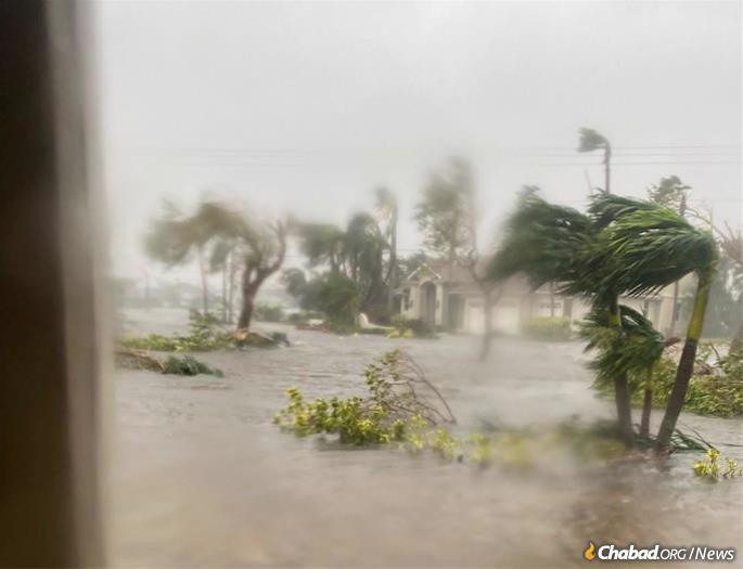 The scene outside Chabad of Cape Coral, Fla., during the hurricane.