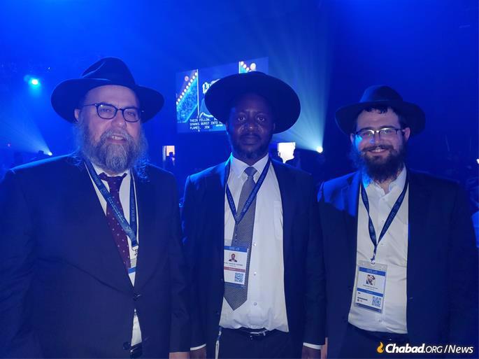 Rabbi Shlomo Bentolila, Mr. Yehuda Bendavid, and Rabbi Mendy Hertzel at the banquet.