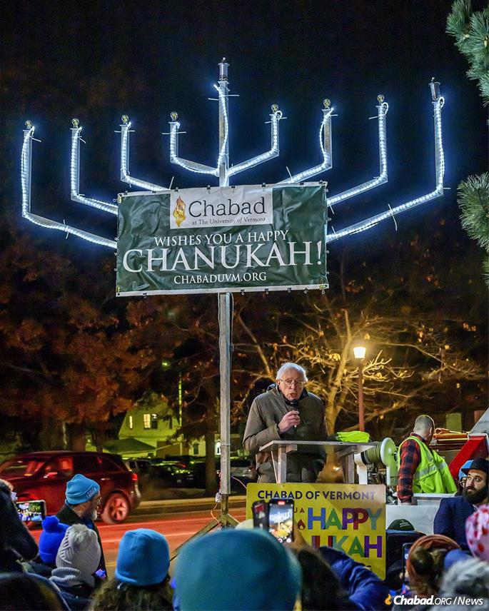 Sen. Bernie Sanders at the menorah-lighting in his home town of Burlington, Vt. - Credit: Ed Wolfstein