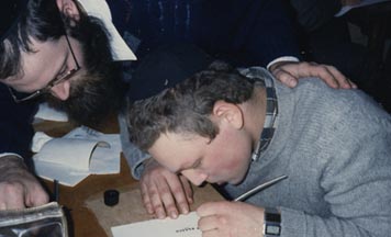 Rabbi Moshe Klein tests a self-trained Russian scribe in the Soviet Era