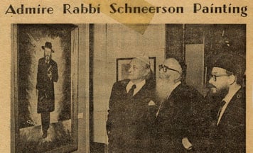 Jacques Lifschitz admire une peinture du Rabbi à une exposition d’art ‘hassidique au Michigan (The Detroit Jewish News)