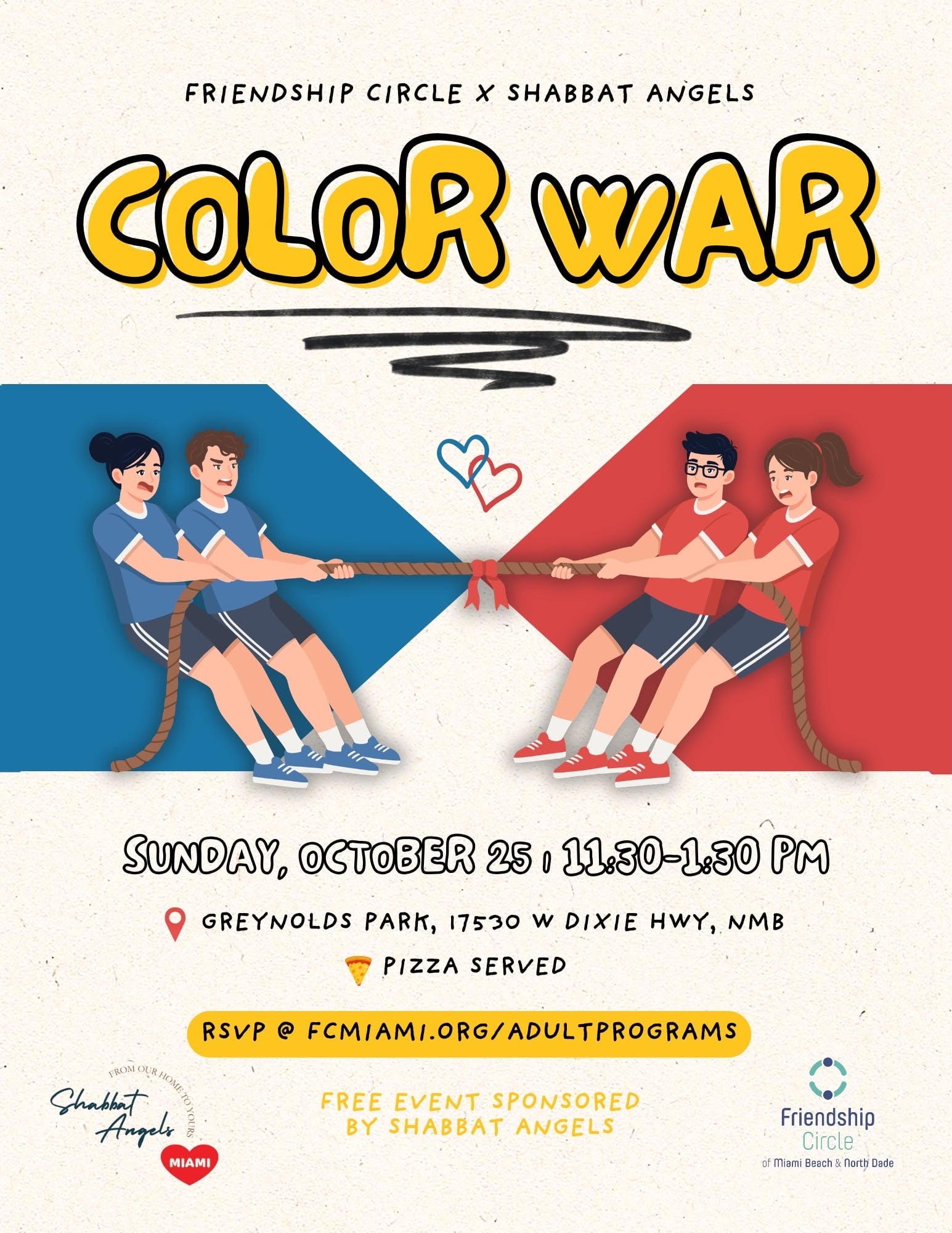 Color War event flyer: Friendship Circle x Shabbat Angels, Sunday October 25, 11:30 AM to 1:30 PM at Greynolds Park