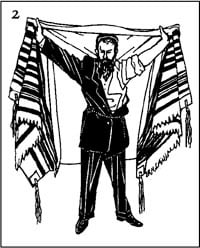 Then, unfold the tallit and open it wide, kiss its upper edge, and swing it around from the position in which it is held in front of you until it is hanging behind you. At this point begin the blessing.