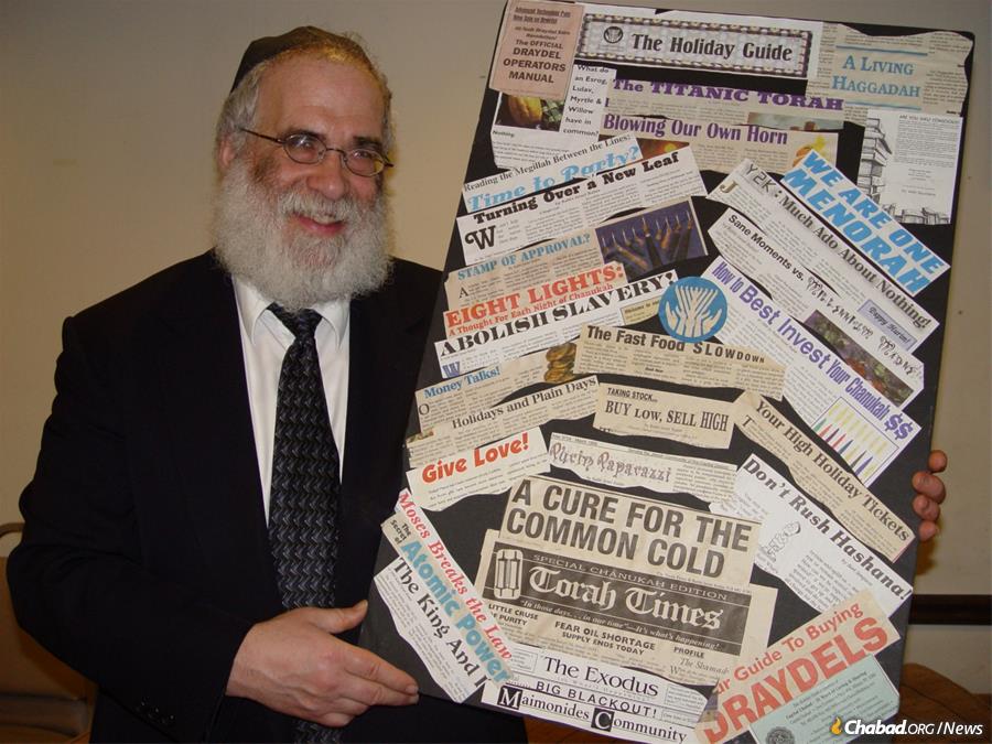 Rabbi Rubin with a collage of headlines from the Torah Times.