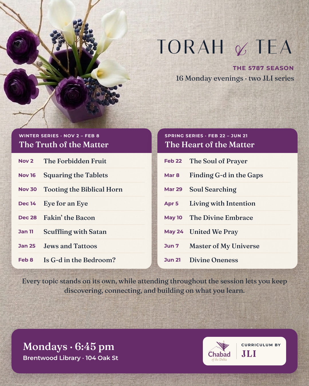 Torah & Tea 5787 season: two JLI series on select Monday evenings at the Brentwood Library