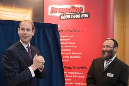 Britain's Prince Edward thanks Chabad-Lubavitch's Drugsline staff for allowing him ''to hear first hand what you have been doing at Drugsline'' during the inauguration of a new center.