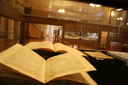 A view of the showcases at the Agudas Chassidei Chabad Library in Brooklyn, N.Y.