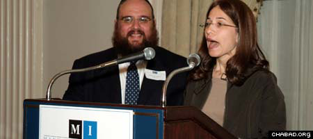 Rabbi Levi and Bassie Shemtov address the Manhattan Institute upon accepting its Award for Social Entreprenurship. (Photos: Paul Schneck)
